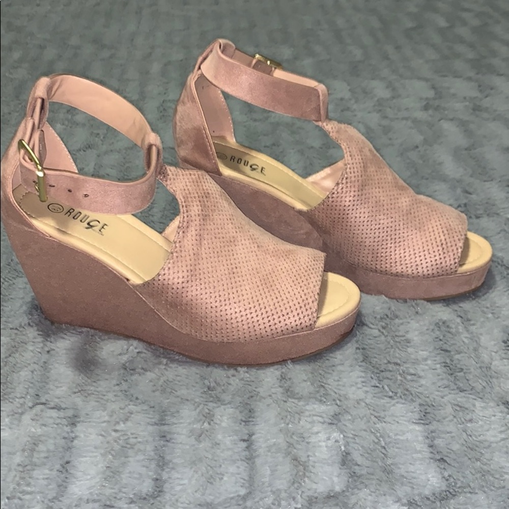 Blush pink suede platform heels